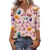Camiseta de Manga Tres Cuartos con Botones y Cuello en V, Estampado de Conejo y Huevo de Pascua, Moderna y Casual para Mujer
