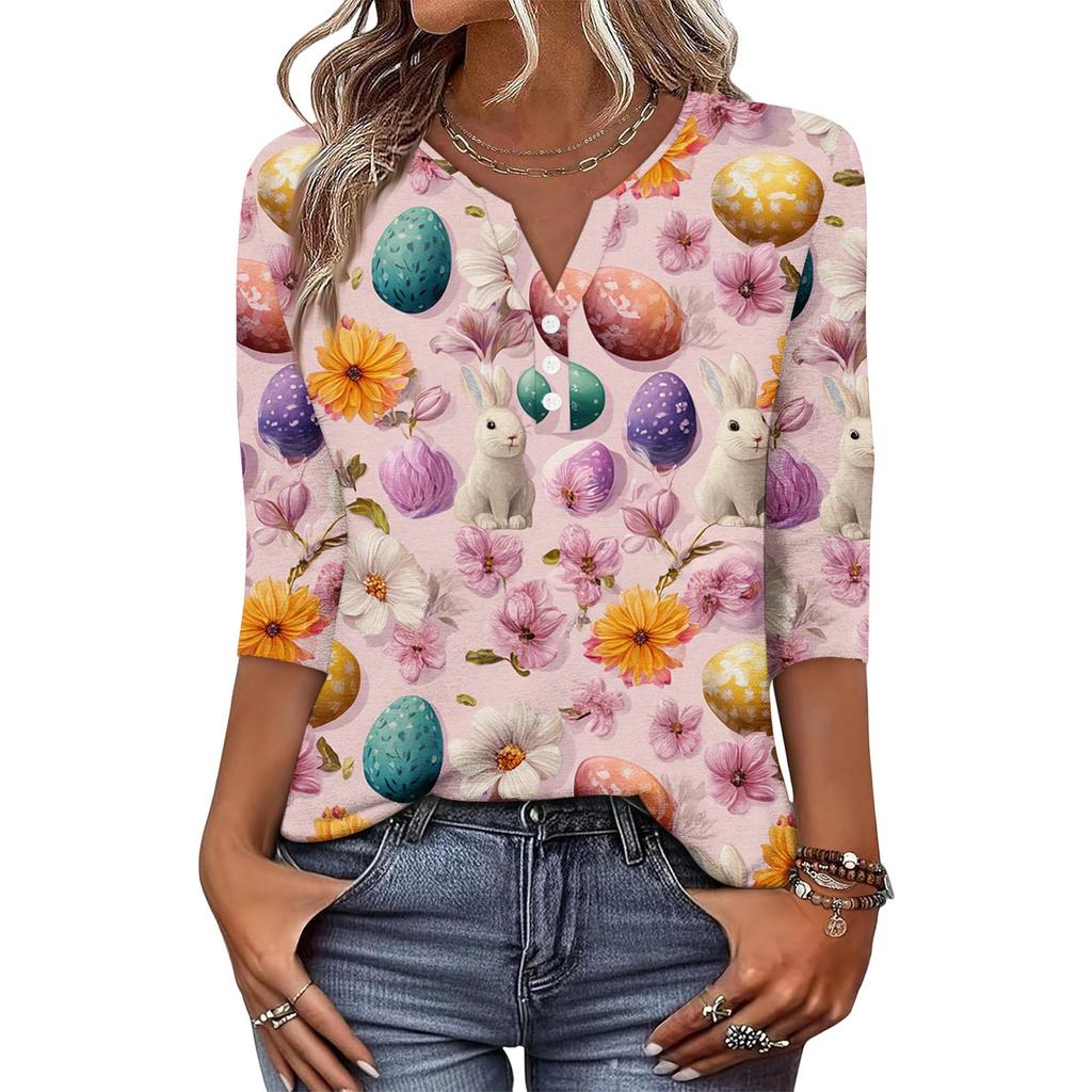 Camiseta de Manga Tres Cuartos con Botones y Cuello en V, Estampado de Conejo y Huevo de Pascua, Moderna y Casual para Mujer
