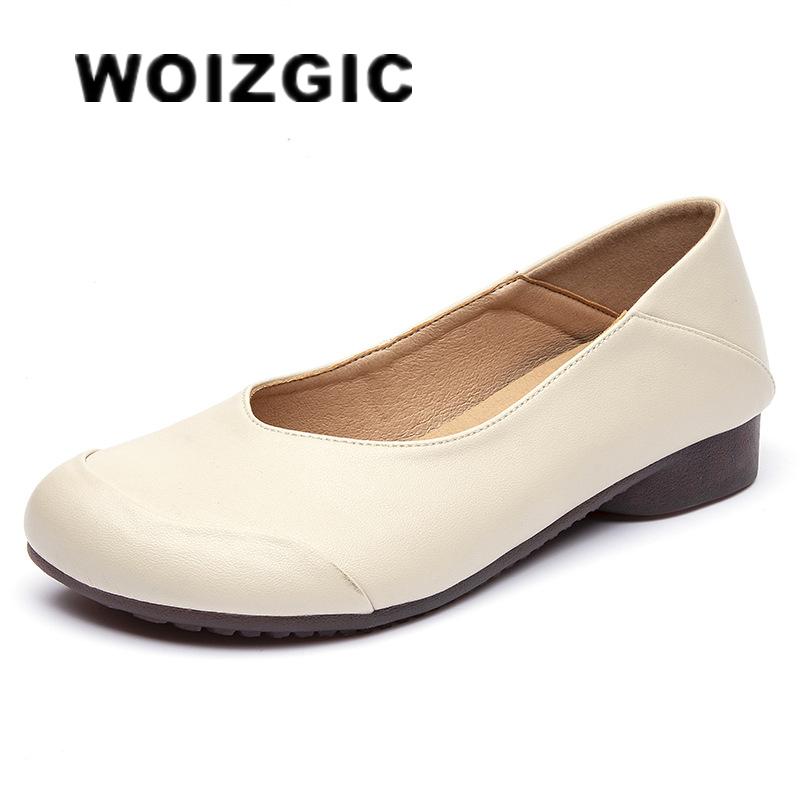 

WOIZGIC женские туфли из натуральной кожи для мамочек и дам, туфли на плоской подошве, нескользящие мокасины в стиле ретро-балетки в национальном стиле с круглым носком 35 белый