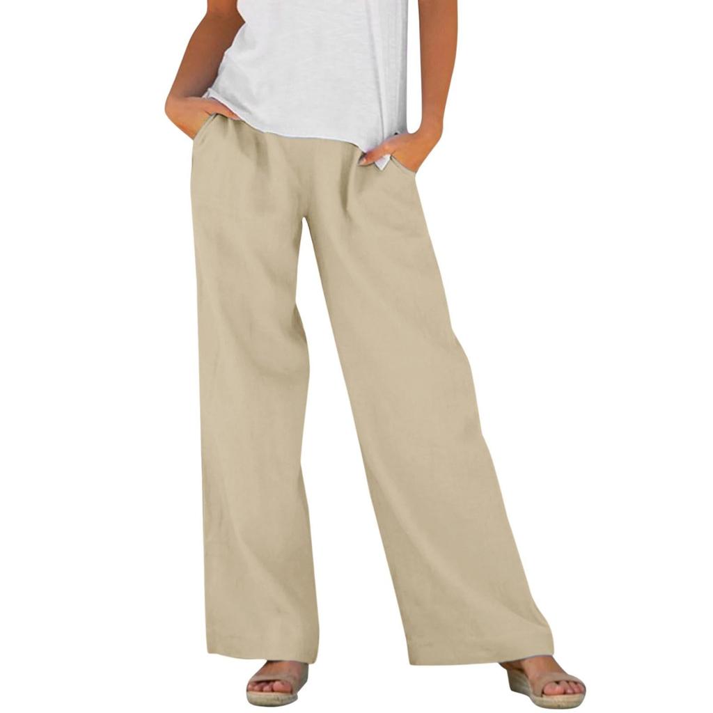 Women's Fashion Relaxed Fit Cotton-Linen Blend Pocket Elastic Waist Wide-Leg Casual Pants