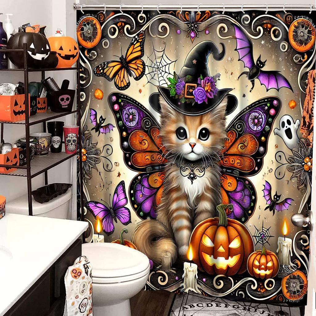 Hallowmas Bat Butterfly Spider Web Bathing Curtain Bathroom Shower Curtain Waterproof With 12 Hooks Fishes Home Deco Free Ship