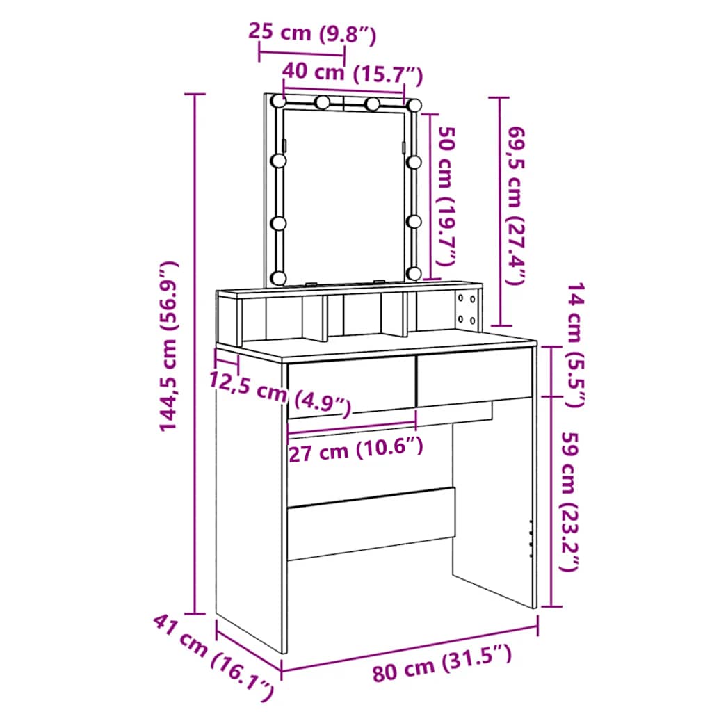 Makeup Table with LED Lighting White 80 x 41 x 144.5 cm