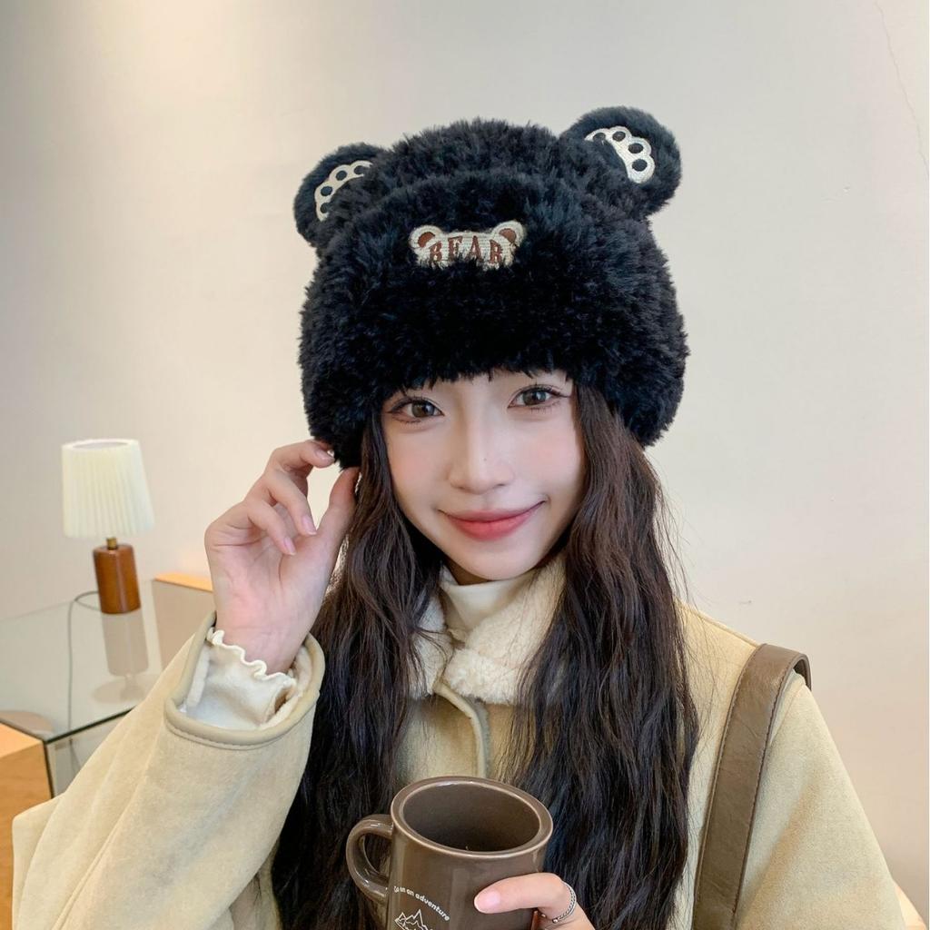 Cute Little Bear Women's Plush Hat In Autumn and Winter Plush New Korean Knitted Hat Versatile Warmth and Thick Ears