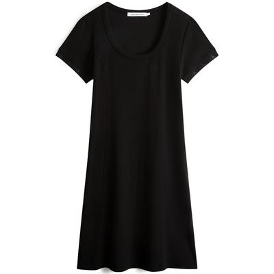 Solid Color Ribbed Jacquard Round Neck Short Sleeve Dress Women Dresses Space-Black J221674-BEH