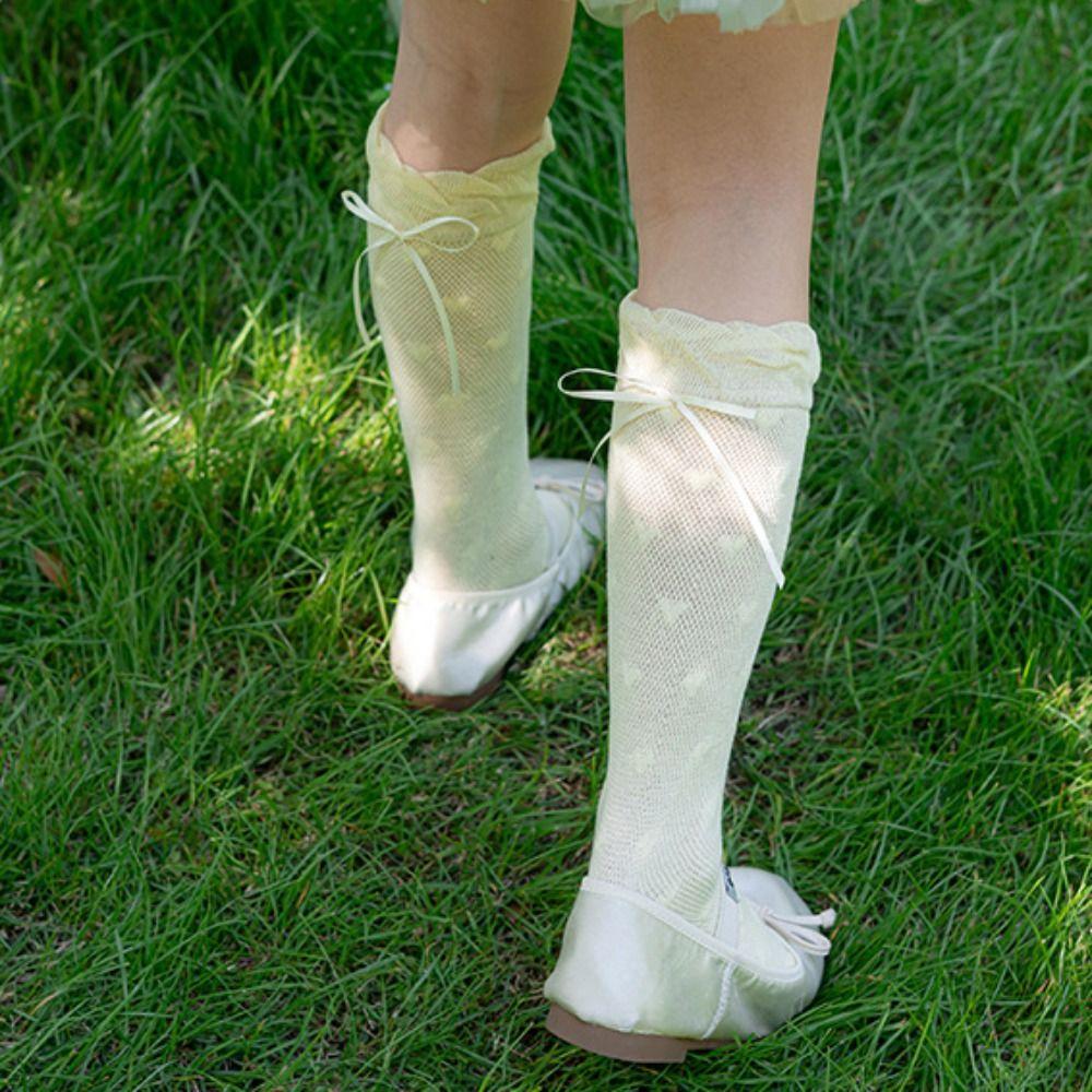 Cute Sweet Children Mid-Tube Hosiery Ribbon Bow Princess Lolita Lace Stockings Cotton Solid Color Balletcore Socks Kids