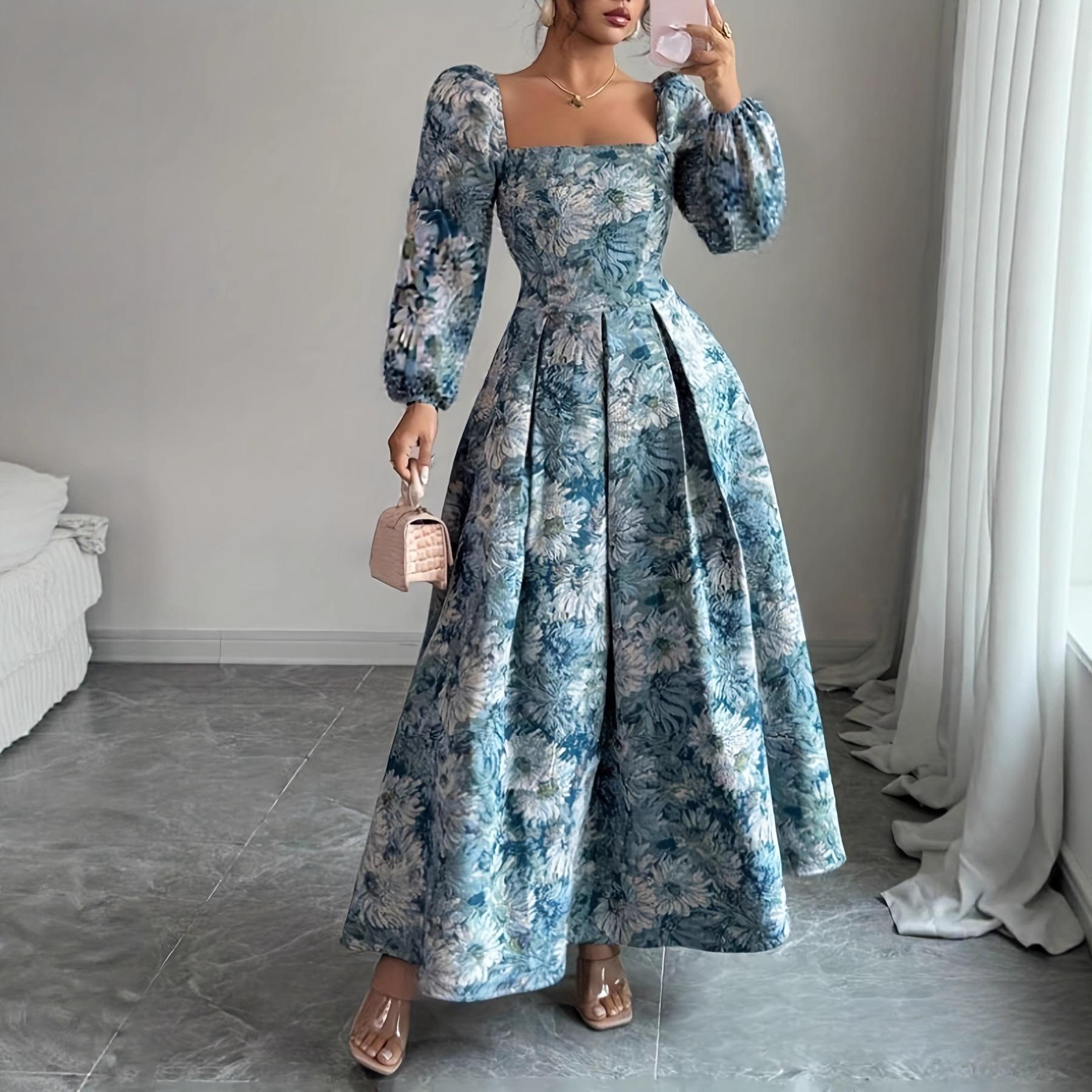Women Floral Print Square Neck Puff Sleeve Maxi Dress with Pleated Skirt S