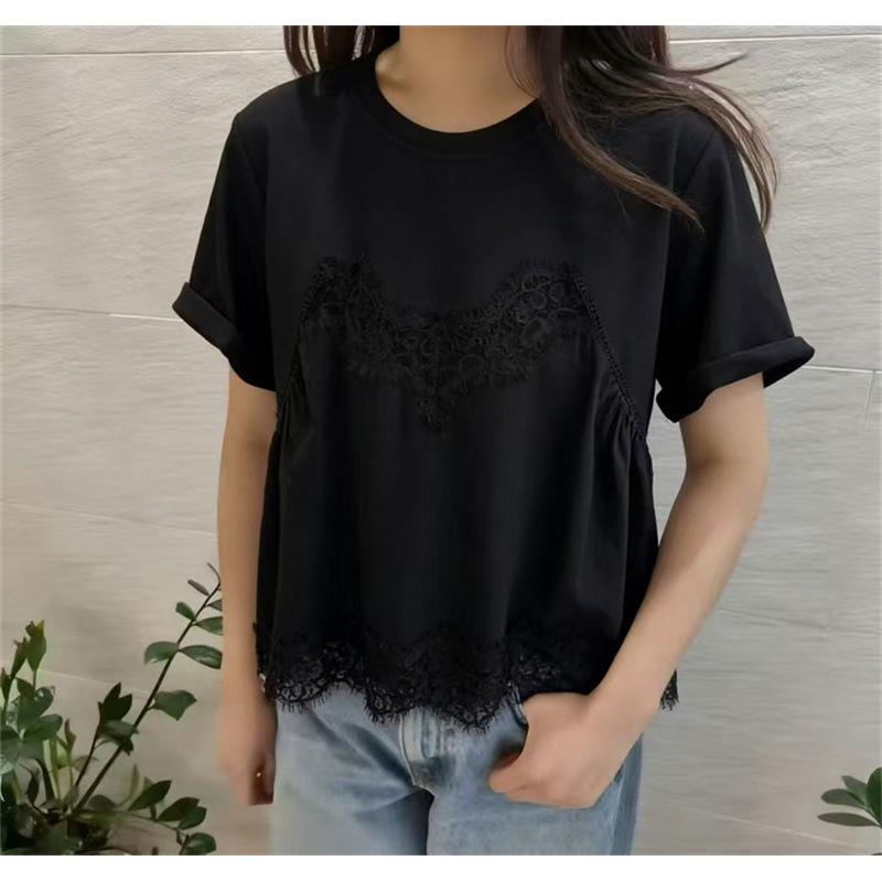 

Chic White Lace Spliced Short-Sleeve Women s T-Shirt - Trendy Summer Essential, Slimming, Loose Fit, Youthful Charm One Size чорний