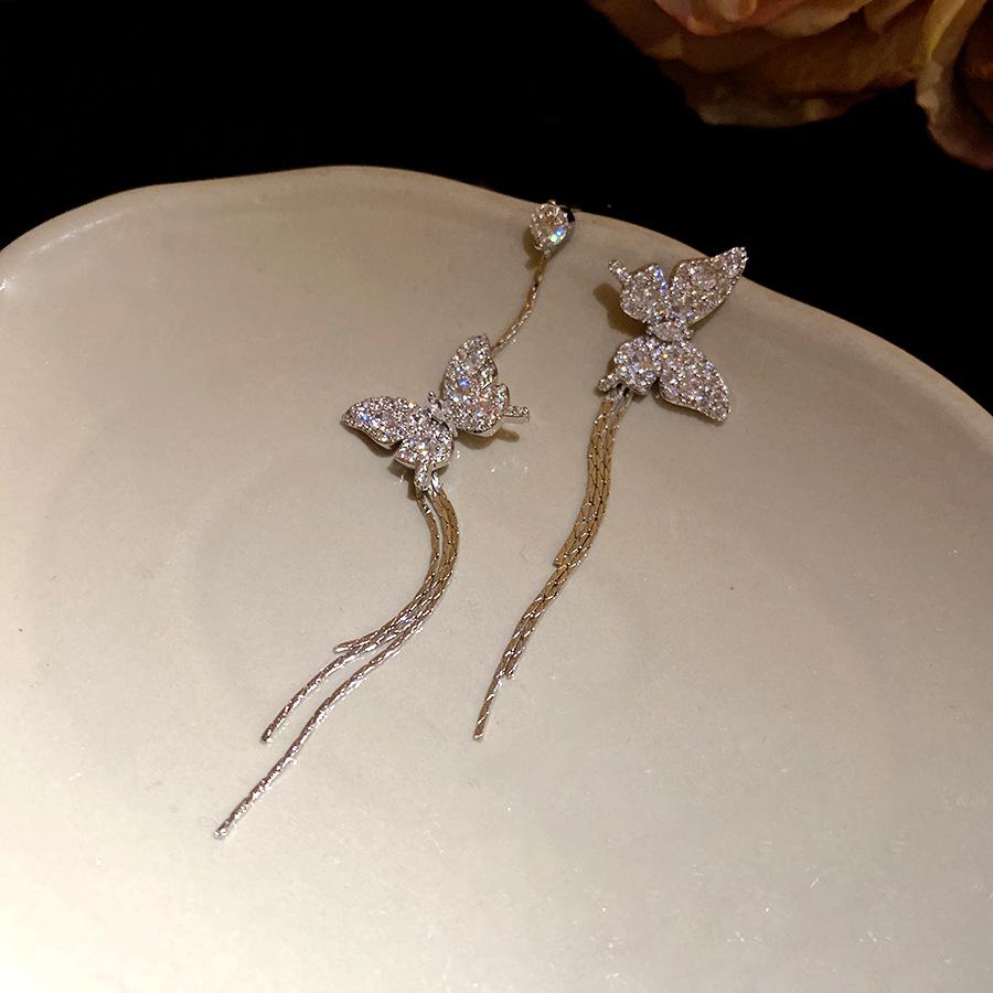 Shining Asymmetrical Butterfly Tassel Earrings Exquisite Long Style Jewelry
