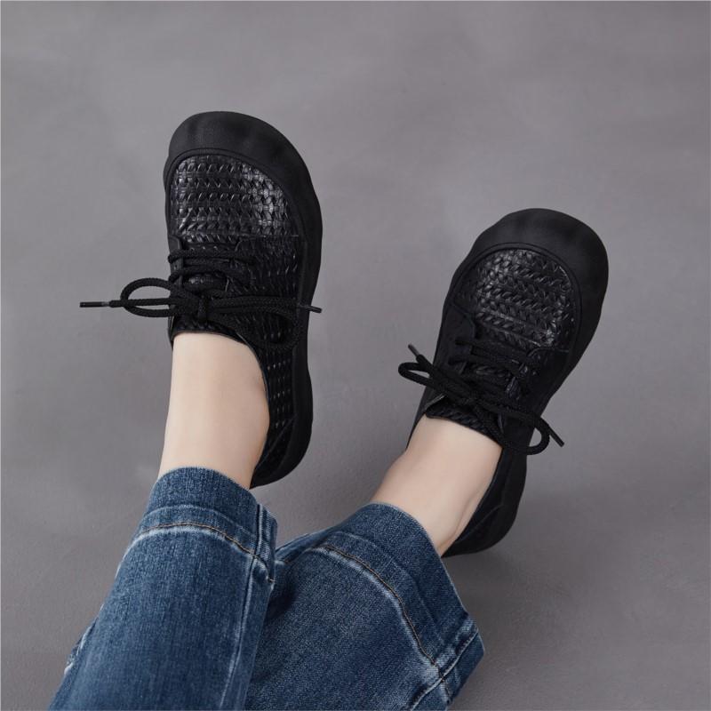 Johnature Retro Lace Up Soft Soled Shoes Comfortable Genuine Leather Versatile Women's Flat Shoes