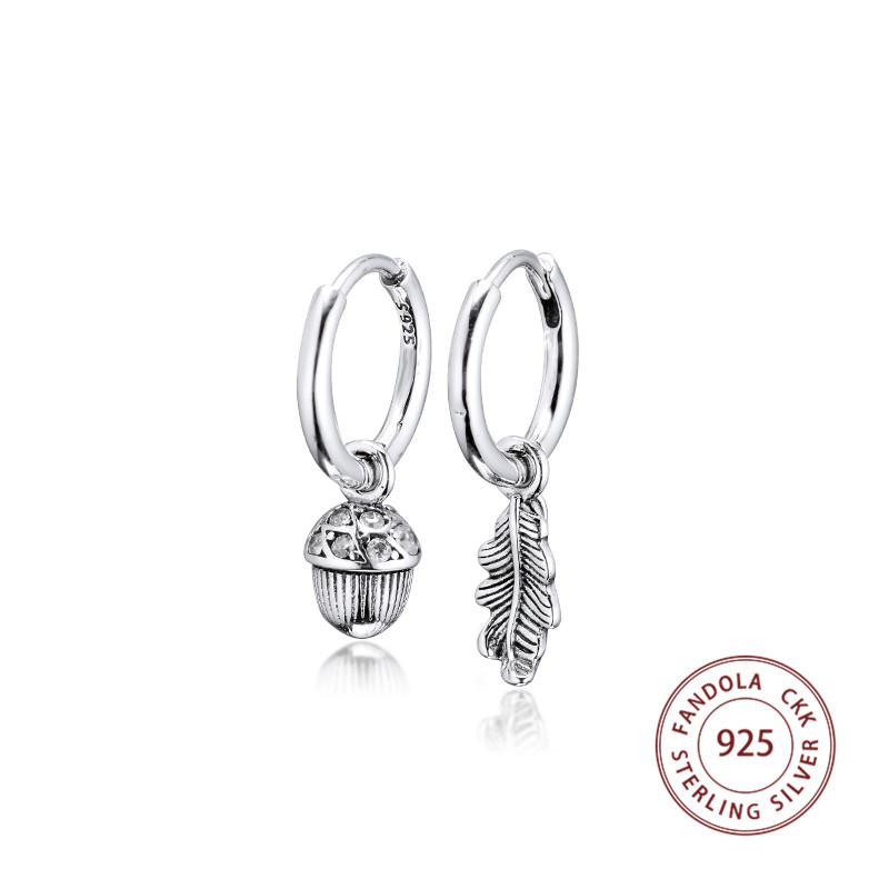 Authentic 925 Sterling Silver Acorn & Leaf Hoop Earrings for Women Clear CZ Ear Rings Fashion Jewelry