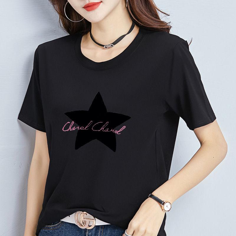 

Женская летняя футболка, однотонная, большого размера, с коротким рукавом, свободная эластичная повседневная футболка с мультяшным принтом звезд и букв S чёрный