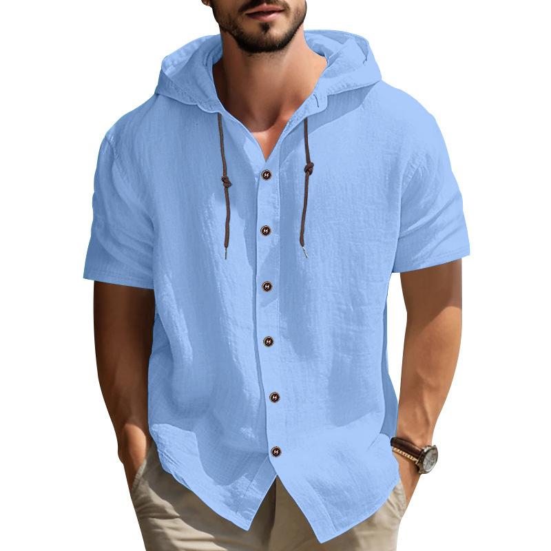 Men Summer Hooded Shirt Casual Solid Color Button Short Sleeve Hoodies Tops for Beach Vacation Streetwear