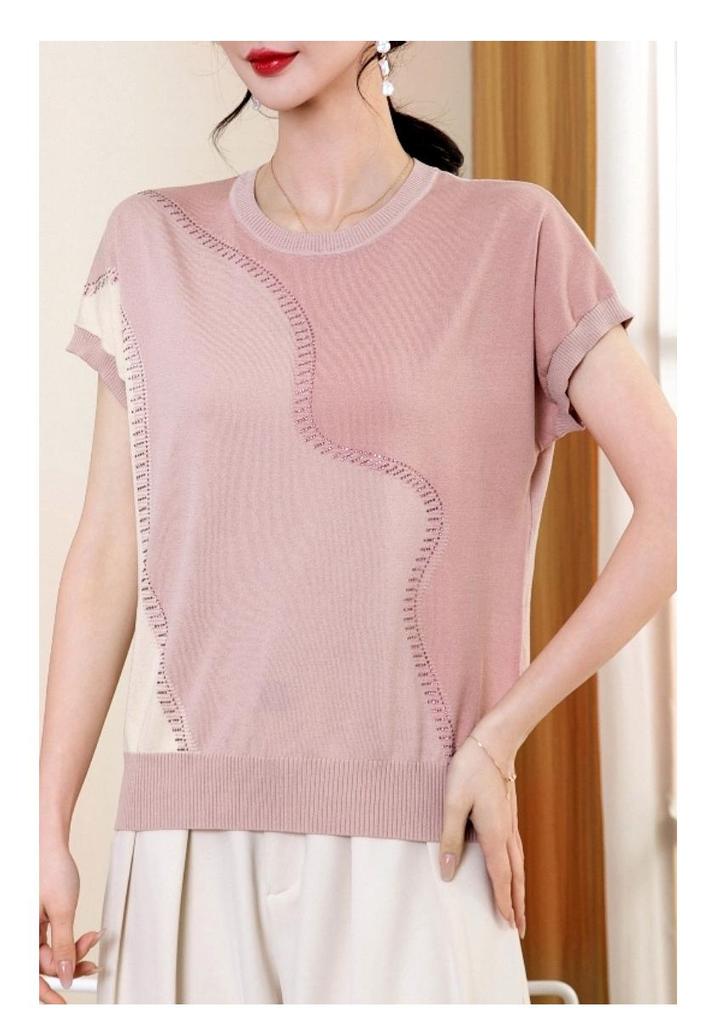 Sommer-Eisseide-Kurzarm-T-Shirt für Mütter - Modisches, leichtes Strickoberteil für alle Altersgruppen
