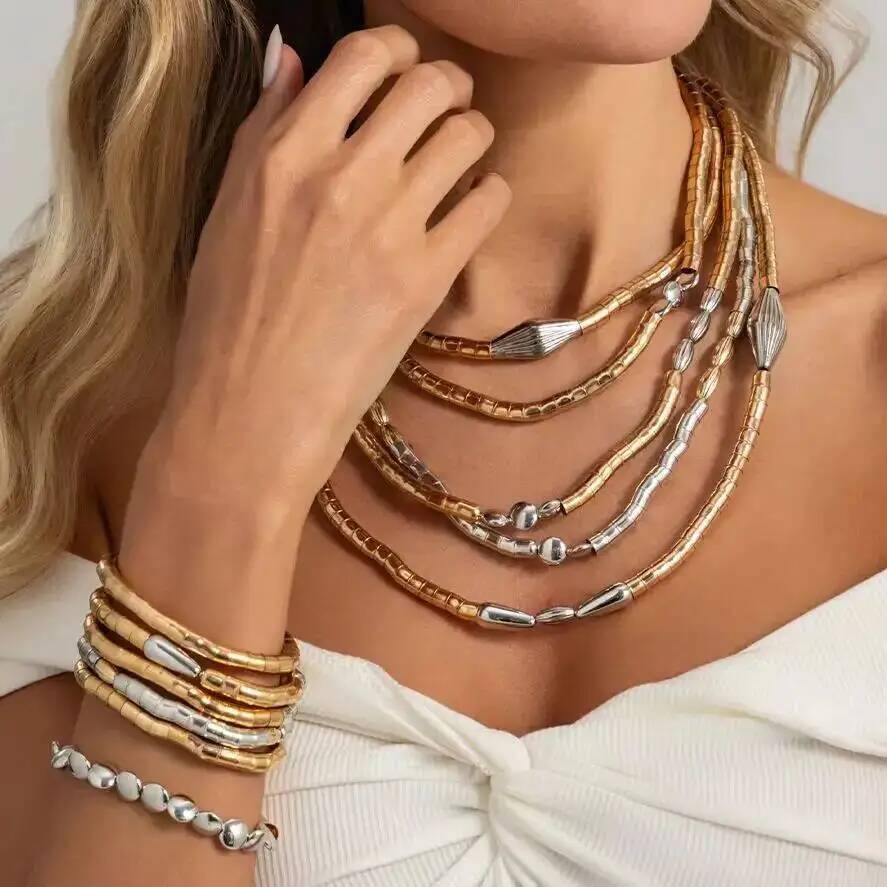 SHIXIN Punk Creative MultiLayer Hand-Woven Necklace Bracelet Set Women Gold Silver Color Stacking CCB Beads Chain Trendy Jewelry