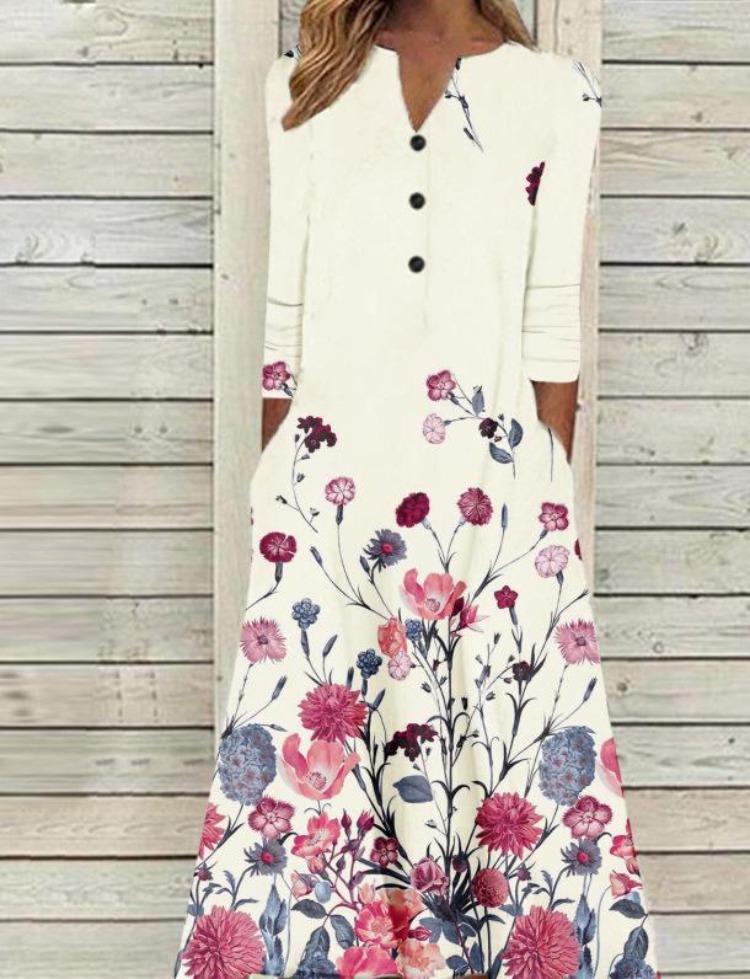 2023 Autumn Women Printed Maxi Dress Long Sleeve Open Chest Skirt Fashion Trendy
