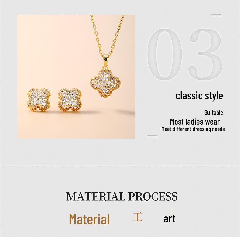 Glänzendes Perlmutt Kupfer Ohrringe & Halskette Set: Gebürstetes vierblättriges Kleeblatt-Design, nicht verblassend, luxuriöser Damenschmuck.