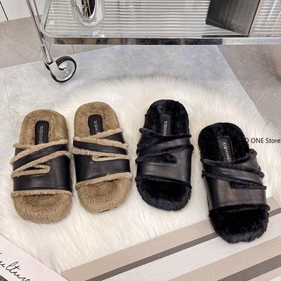 Mode Bont Schoenen Huispantoffels Platform Luxe Slippers Med Slippers Vrouwen Pluche Designer Platte Massage 2024 Katoenen Stof PU Med Schoenen