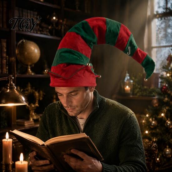 Festive Atmosphere Decoration Christmas Elf Pointed Hat, Striped Hat with Pompom or Holiday Party Costume Accessories Bells, Cosplay for Adults,