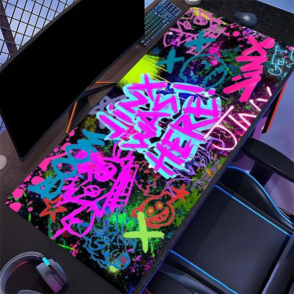 Graffiti Art Large Desk Mat Cartoon Print Gaming Mouse Pad Non Slip Rubber Stitched Edge Keyboard Mat For Gamers Office Workers