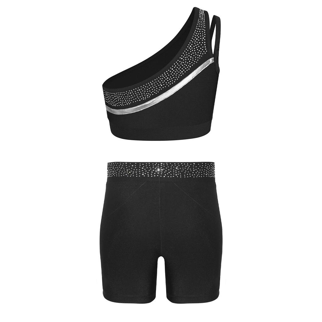 Kids Girls Gymnastics Dance Outfit One Shoulder Sleeveless Metallic Trim Shiny Rhinestones Crop Top with Elastic Waistband Shorts