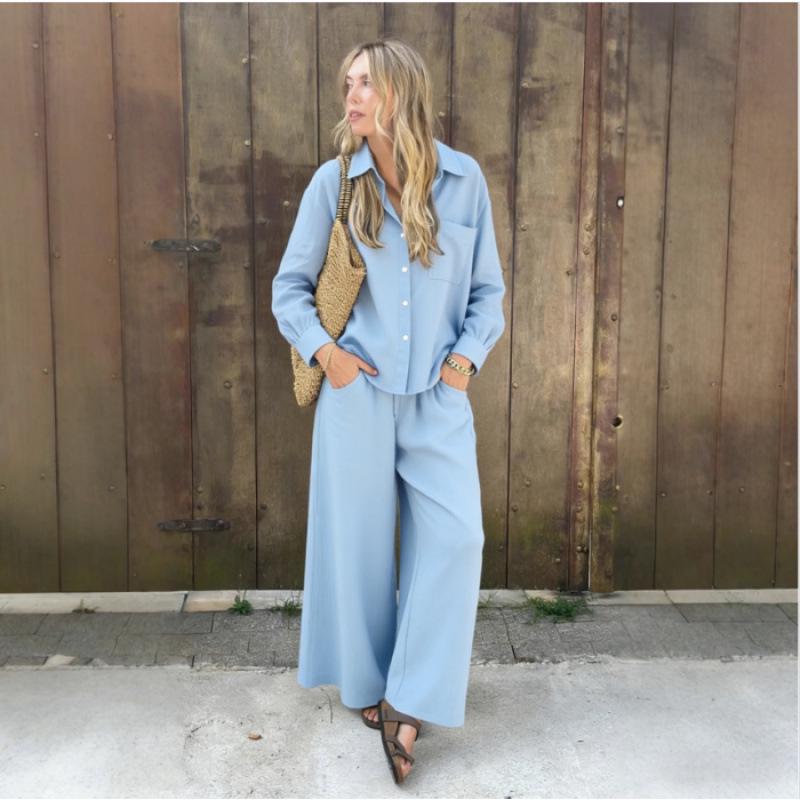 

Spring Fashion Women s Plus Size Two-Piece Set: Linen-Like High-Waisted Loose Long Pants with Shirt XXXL небесно-голубой