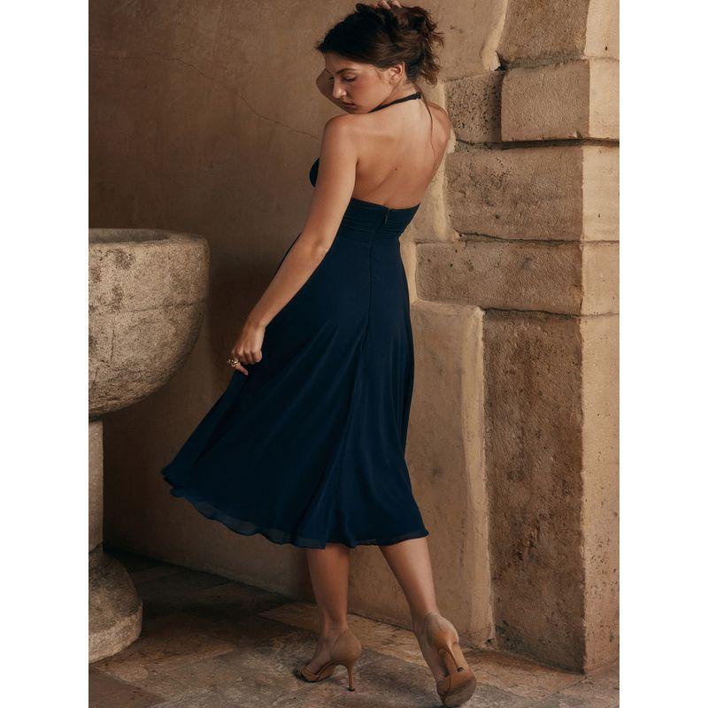 Silk Style House Same Style French Style Elegant Sexy Deep V Backless Hanging Neck Draping Effect Waist Hugging Slimming Dress