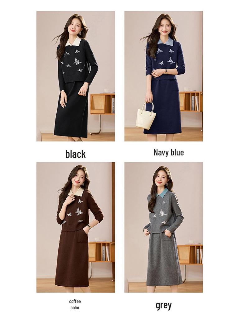 Damski dzianinowy zestaw dwuczęściowy: Kamizelka z okrągłym dekoltem i kardigan o średniej długości z długim rękawem Sukienka wełniana