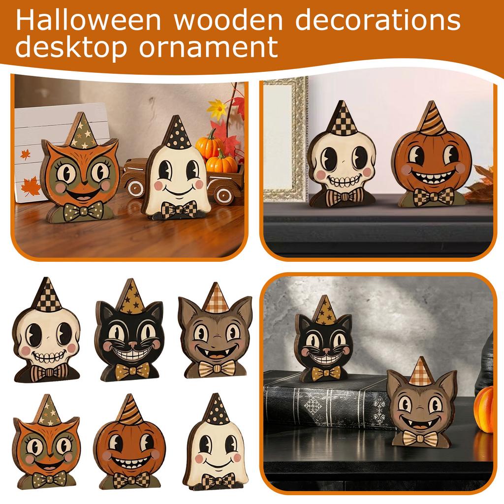 Vintage Wooden Halloween Tabletop Decor - Creative Funny Party Decoration for Home