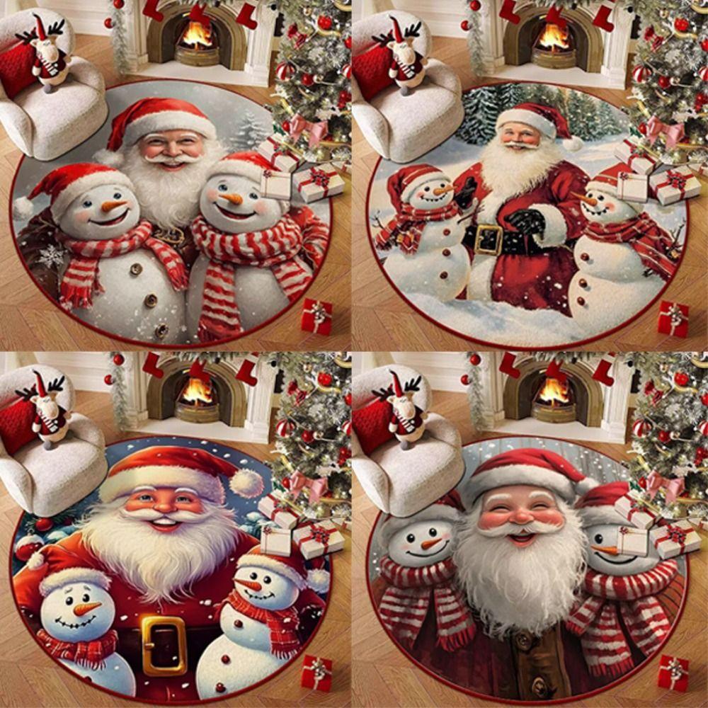 Polyester Christmas Round Mat Snowman Cartoon Anti-Slip Round Rug Snowflake Print Decorative Floor Rugs Winter Season
