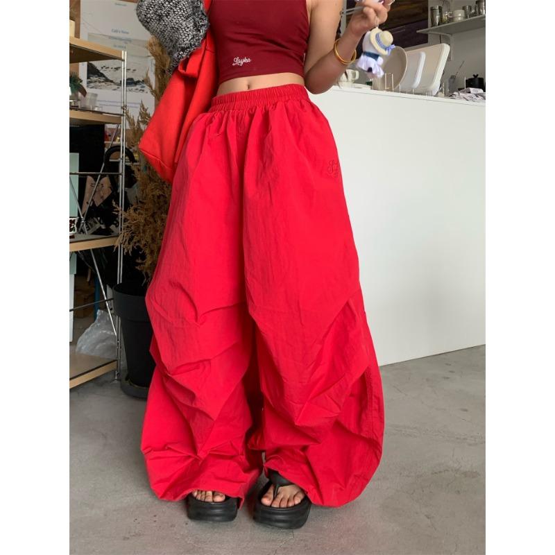

Quick-drying overalls women s elastic waist wear spring and summer loose straight wide-leg pants women s casual floor-mopping pants tide S красный