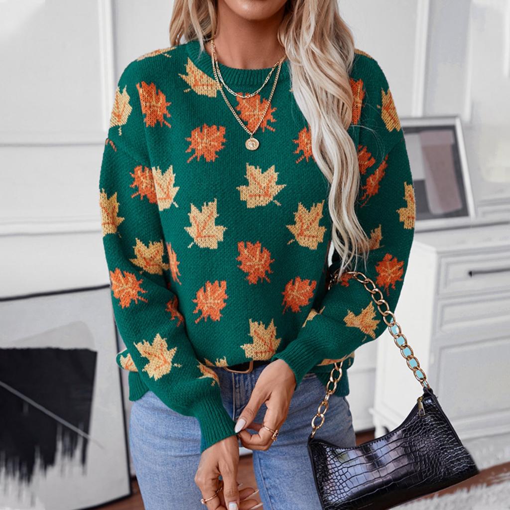 Ladies' Elegant Autumn Leaf Printed Sweater - Soft Elastic Long Sleeve Round Neck Hoodie with Fallen Leaf Pattern