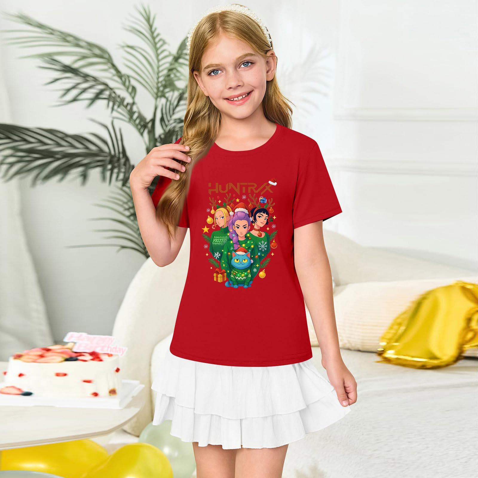 

Girls Round Neck Short Sleeves Christmas Witch Group Print Casual Short Sleeves 120 червоний