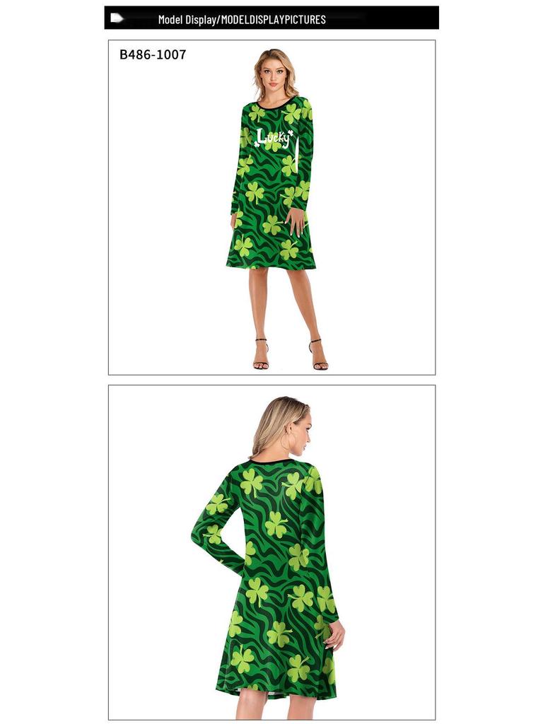 Irish Shamrock Digital Print Long Sleeve Dress - Round Neck, European & American Style
