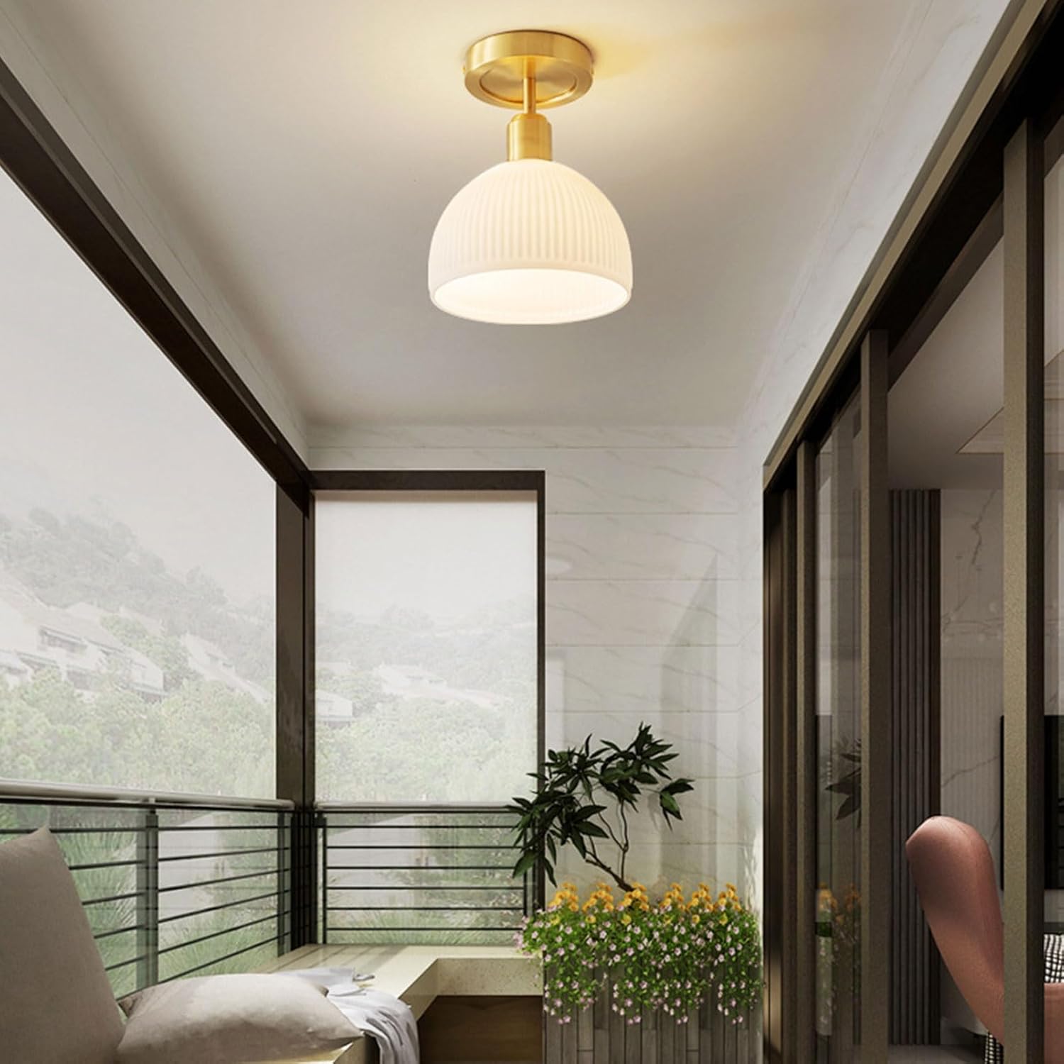 Pendant Lights, Japanese Style Brass Ceiling Light Semi Flush Mount Striped Glass Ceiling Lamp Close to Ceiling Light Fixtures for Entryway Bathroom