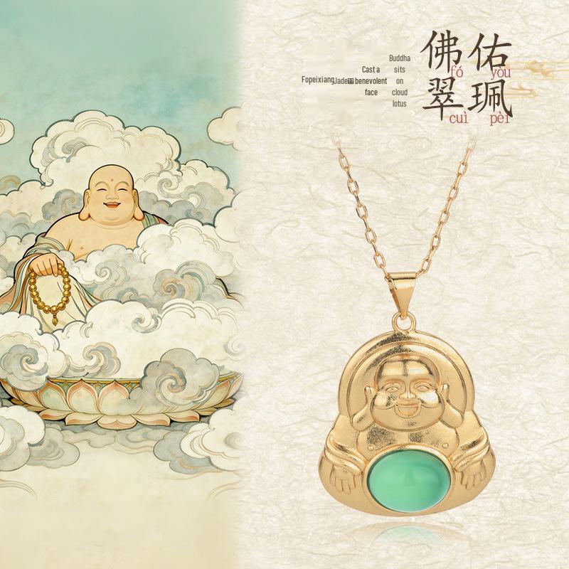 Gilded Maitreya Buddha Necklace with Jade Pendant for Men and Women - Ethnic Style Agate Clavicle Chain