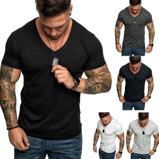Pánské ležérní jednobarevné tričko s krátkým rukávem, výstřihem do V, slim fit, fitness tričko, halenka, top