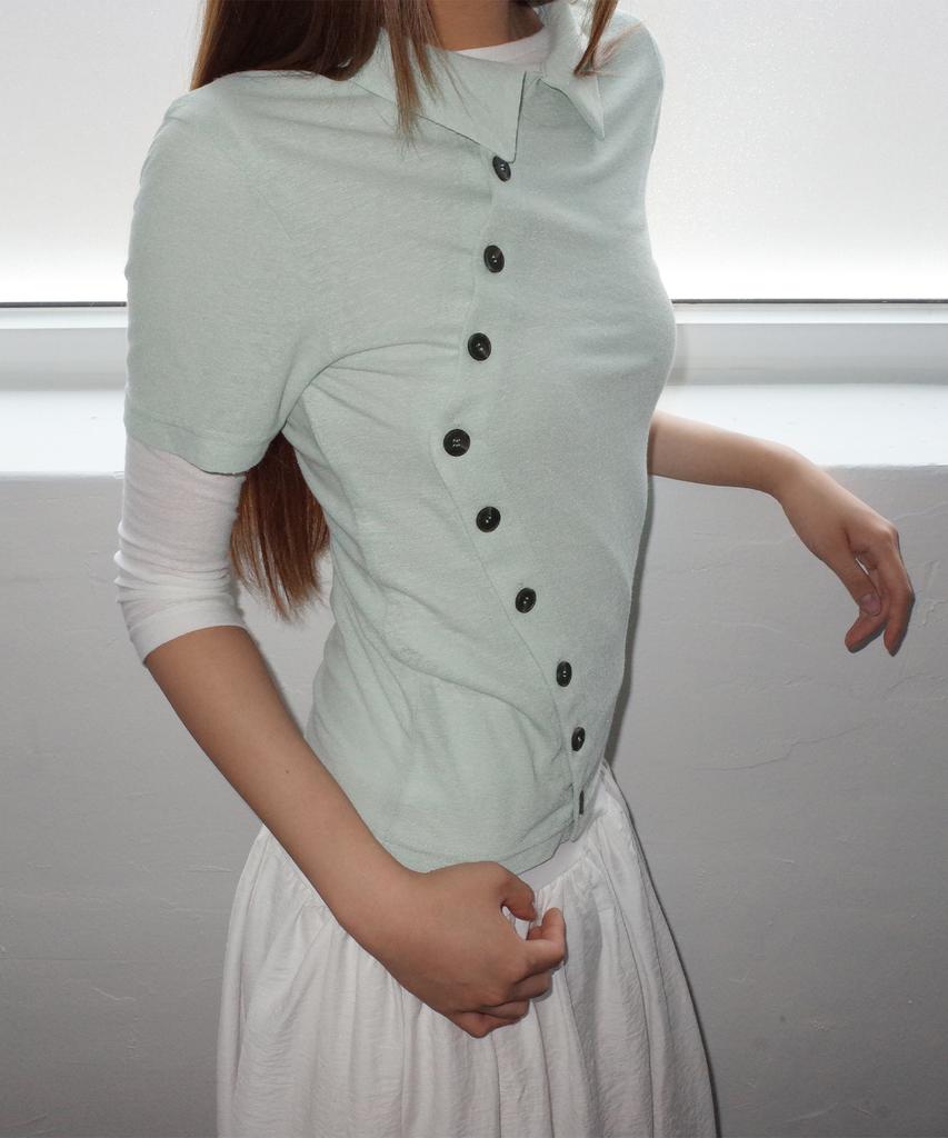 CHICKS Stand Collar Asymmetrical Shirt Mint
