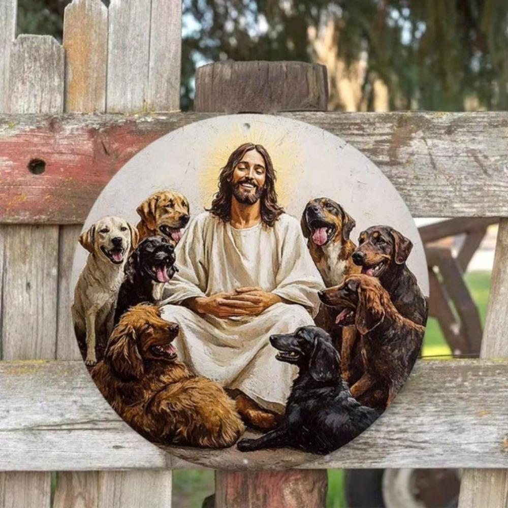 Religious Dog Figure Metal Wall Art UV Resistant Scratchproof Decor Gift