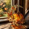 Romantic Autumn Home Wall Decor Stained Glass Pumpkin Moon Suncatcher, Acrylic Crescent Window Hanging with Halloween Thanksgiving Decorative Ornament