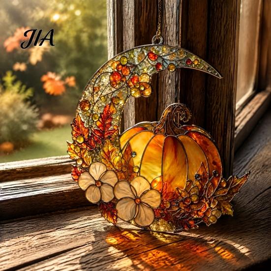 Romantic Autumn Home Wall Decor Stained Glass Pumpkin Moon Suncatcher, Acrylic Crescent Window Hanging with Halloween Thanksgiving Decorative Ornament