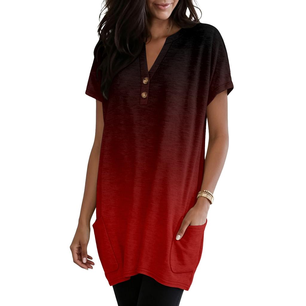 Women's V-Neck Gradient Print Short Sleeve Blouse with Pocket - Casual Pullover Top for Everyday Wear