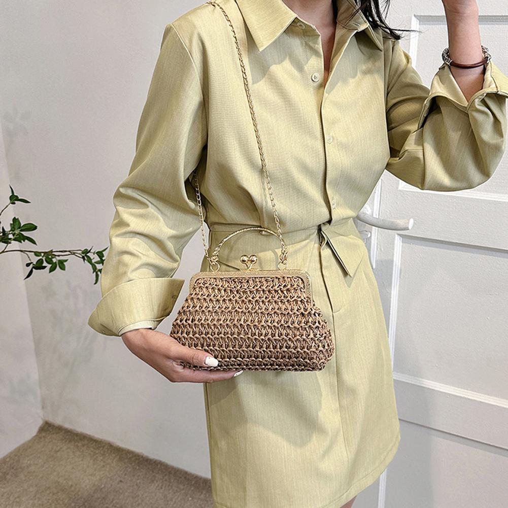 Summer Beach Straw Bags Exquisite Gold Chain Party Banquet Purse Hand Woven Handbag Female Clutch Bag Shoulder Crossbody Bags