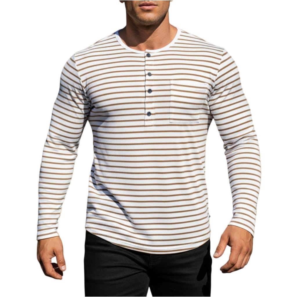 Men's Casual And Trendy Long,sleeved Shirt With A Base Layer And Horizontal Striped Round,neck Top