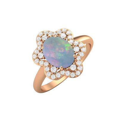 8X6MM Oval Opal Gemstone 925 Sterling Silver Rose Plated Solitaire Halo Women Engagement Ring