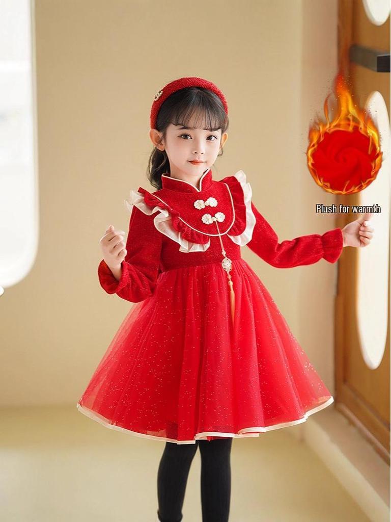 Red Winter Chinese-Style Plush Princess Dress for Girls - New Year's Baby Outfit