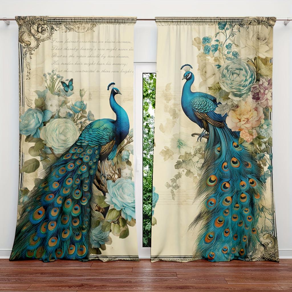 2PCS, Multicolor, Elegant Peacock and Floral Print with Vintage Script Accents Curtains, for Bedroom and Living Room, Rod Pocket