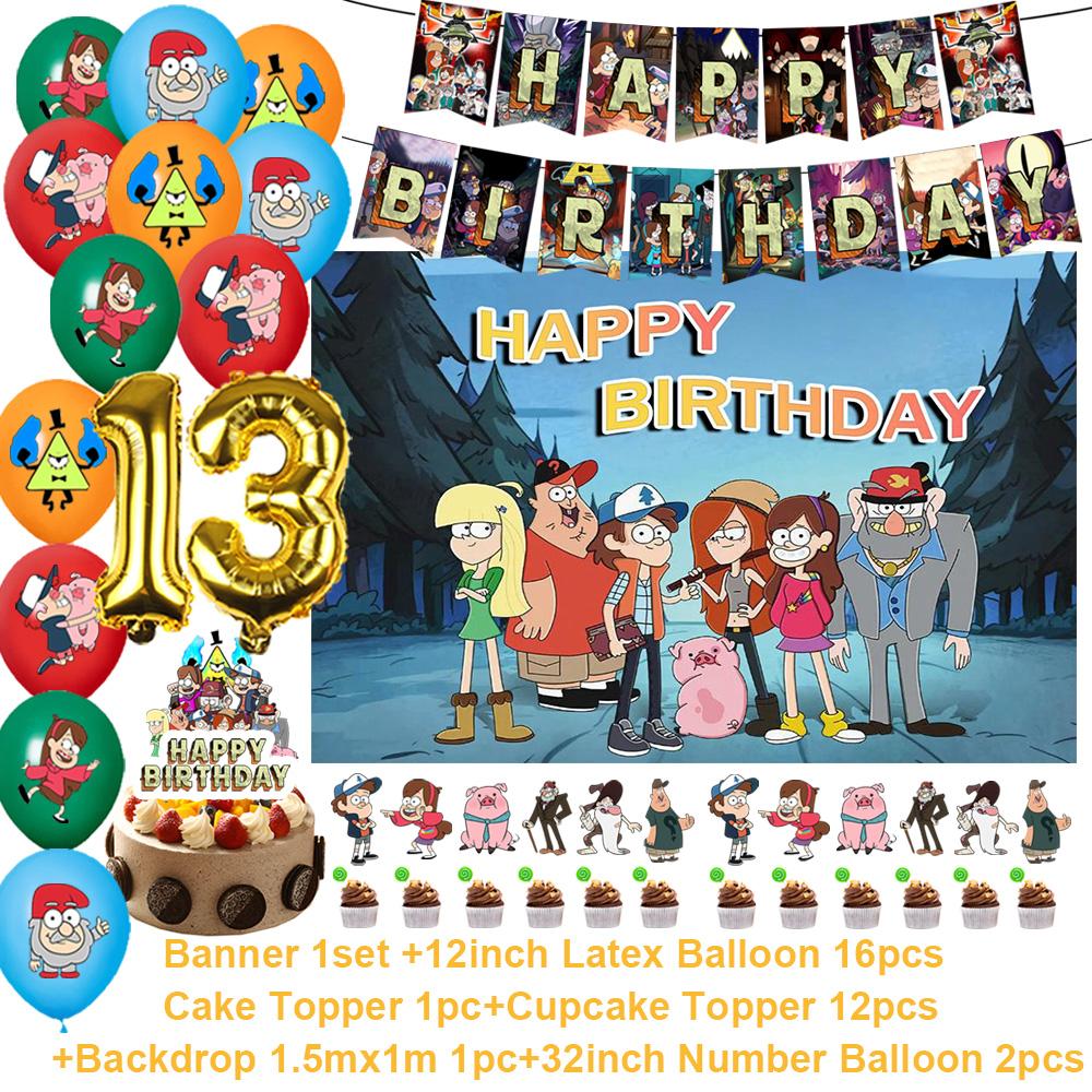 G&Gravity F-Falls Theme Birthday Party Decoration Cartoon Backdrop Banner Cake Topper Number Balloon Baby Shower Party Supplies