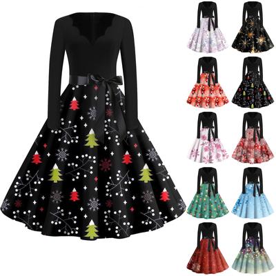 Women's Fashion V-Neck Casual Slim Christmas Printed Long Sleeve Dresses