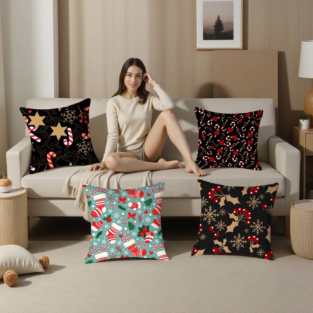 Christmas Tree Bells Snowman Pillow Case Plush Fabric Soft Double Sided Print Sofa Cushion Cover Throw Pillow Covers