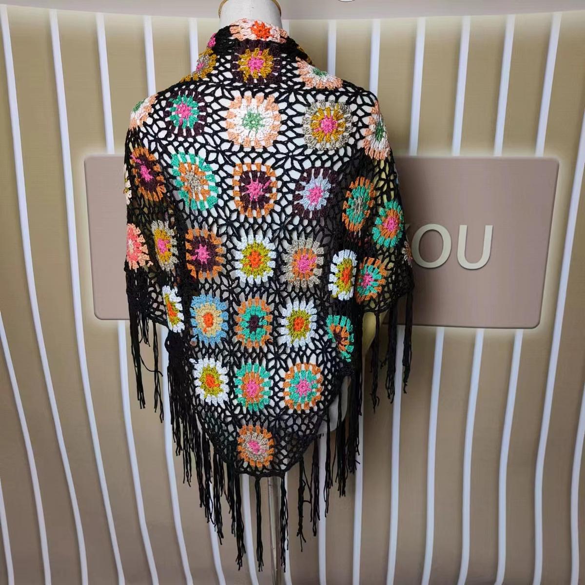 

Кардиган женский ретро женский треугольный шарф шаль с кисточками накидка искусство лето и осень свитер с короткими рукавами женский One Size чёрный